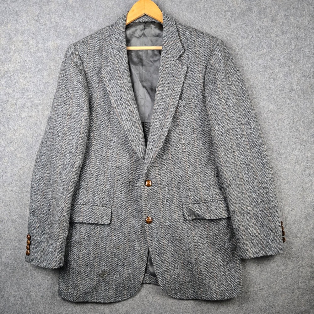 Vintage Harris Tweed Blazer Mens 44 Long Gray Herringbone Wool Sport Coat Jacket